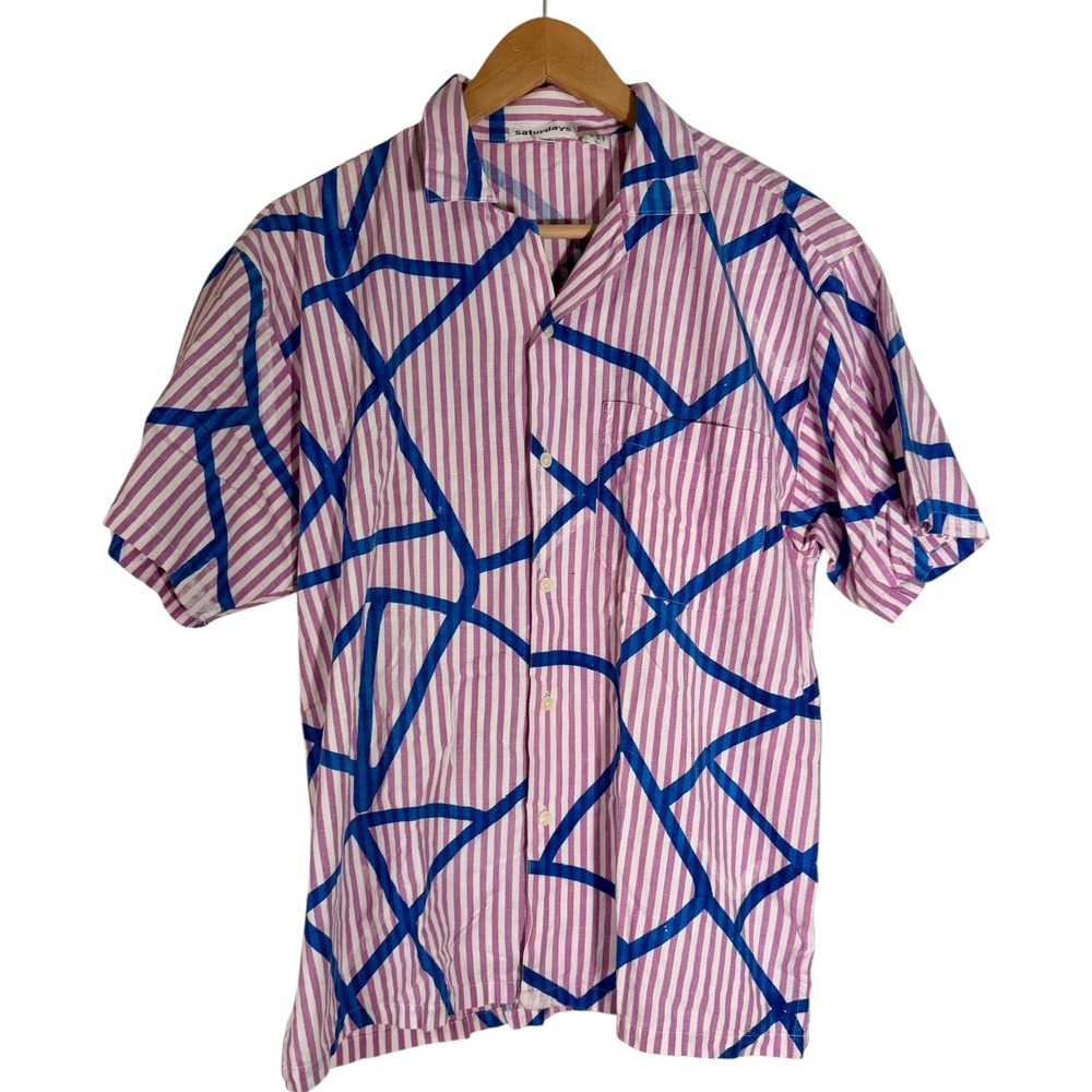 Vintage Saturdays 70's/80's Men's Short Sleeve Button Striped Shirt Purple Large